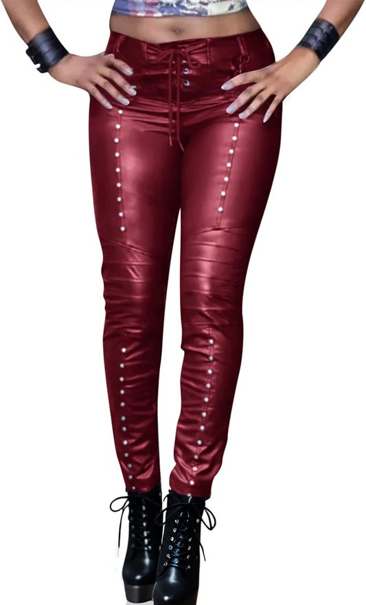 Women'S Faux Leather Leggings Gothic Punk Skinny PU Leather Pants Mid Rise Novelty Studded Tight Pants