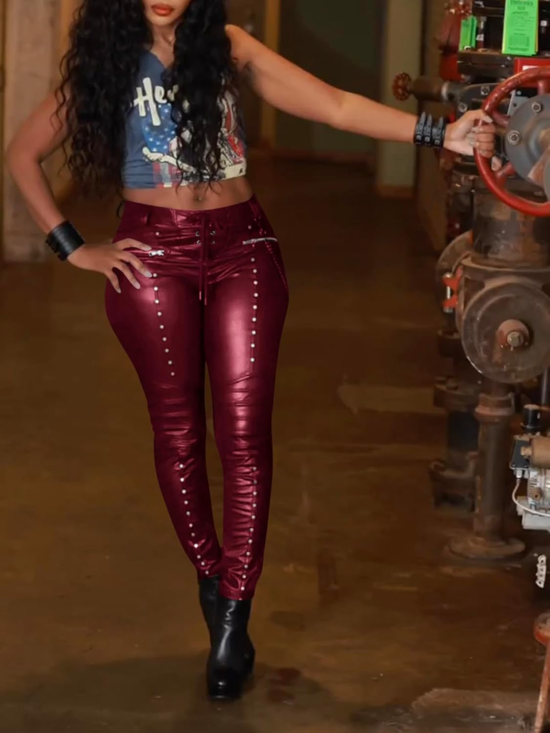 Women'S Faux Leather Leggings Gothic Punk Skinny PU Leather Pants Mid Rise Novelty Studded Tight Pants