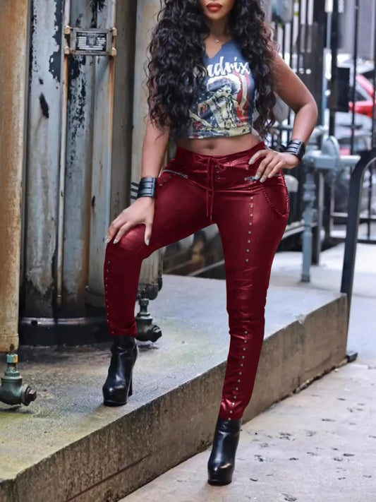 Women'S Faux Leather Leggings Gothic Punk Skinny PU Leather Pants Mid Rise Novelty Studded Tight Pants